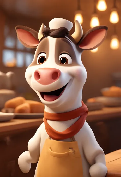 movie 2023 pixar studios mascot standing cow cute happy waving dressed as a chef and wearing a beige scarf around her neck disney pixar style 3d 4k full smile and happy style disney 3d style the movie up