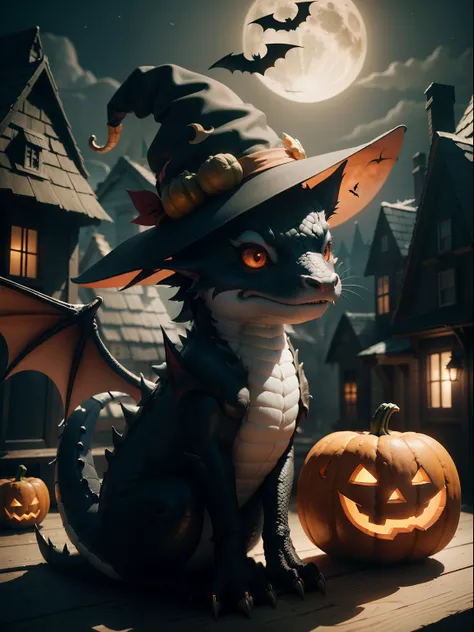 Cute dragon wearing Halloween hat......，（master-piece，bestquality：1.2），Best Lights，best shadows，Show background, . . . . . . . . . . . . . . . . . . . . . . . .bat,full big moon,Old House,pumpkin,stylized 3d render