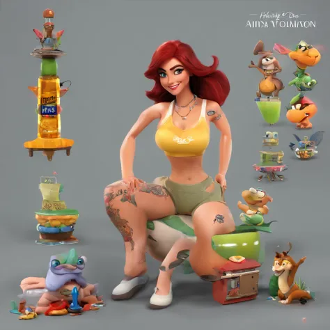 create a 3D Disney Pixar-inspired movie poster, The scene should be in Pixars signature digital art style, com uma imagem caricatural que lembra a cantora brasileira "Anita" in the prone position, Wearing a bikini while a tattoo artist is sitting tattooing...