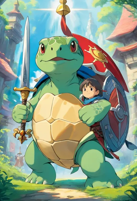 A short humanoid turtle holding a short sword and a standard shield.