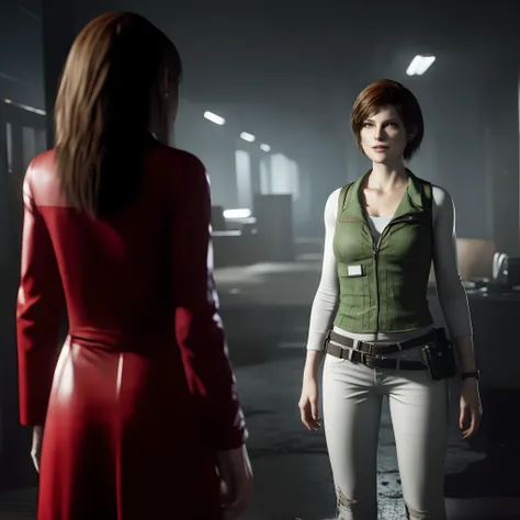 Best quality, ((Rebecca chamber from resident evil)), short bob hair, white jeans, beautiful face, green vest, little smile expression