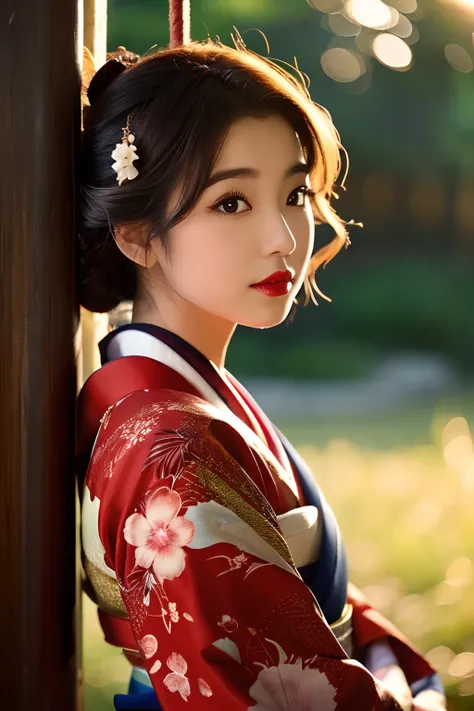 1womanl、(Super beautiful)、(beauitful face:1.5)、(A detailed face)、Early 30s、(Kimono)、Wearing heavy makeup、(red-lips)、Brown hair、(Immediately after sunset: 1.2)、(Back lighting)、A scent that cant be hidden、Before you know it、Its ingrained in you、If someone ta...