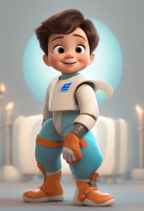 a happy cute kid standing short hair, vestindo uma fantasia espacial, , fundo branco, barnet, toon, estilo pixar, 3d, desenhos animados, rosto detalhado, asymmetrical 16k