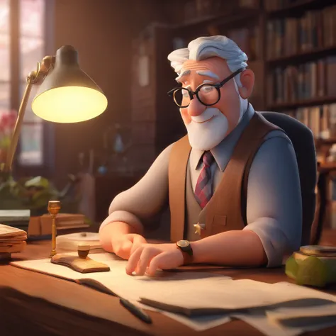 Crie um cartaz inspirado na Disney Pixar com o personagem sendo o pastor Rubens Janier, A gray-haired man wearing glasses, in an office with a Bible on the table