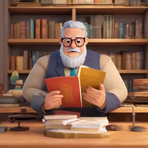 Crie um cartaz inspirado na Disney Pixar com o personagem sendo o pastor Rubens Janier, A gray-haired man wearing glasses, in an office with a Bible on the table