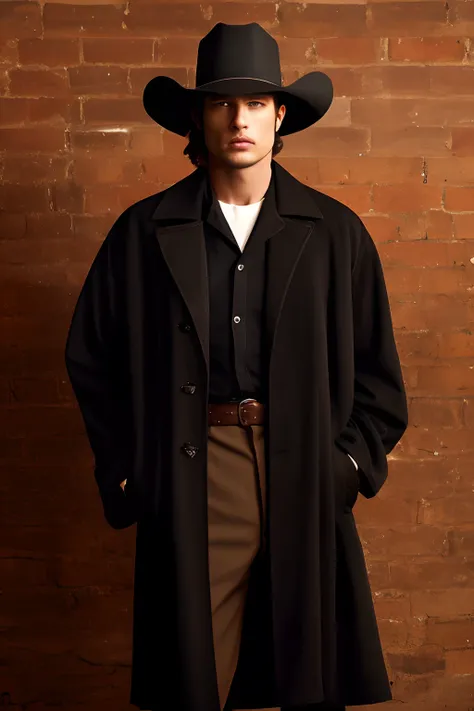 A Caucasian, western outlaw, brown hair, brown eyes, black duster coat with a black shirt underneath, black pants, black bootlegger hat