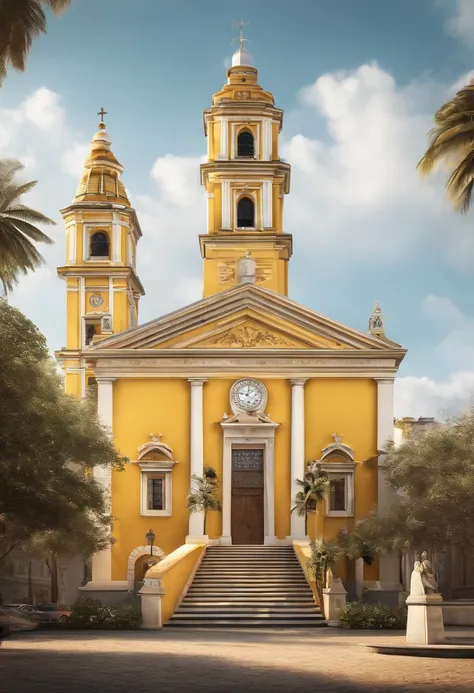 Pixar 3D style drawing of a yellow and white gree with a clock tower and a sky background, Directed by: Felipe Seade, Malika Favre, São Paulo, igreja, imaculadamente detalhado, catedral da igreja, muito ornamentado, Directed by: CeFerí Olivé, Beautiful ima...