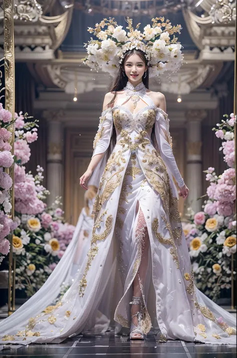 (very highly detailed face: 1.5，Very detailed details of the costume: 1.9，intricately details，动态照明，poster for，Photographic art), Beautiful model walking on a gorgeous catwalk，The goddess is elegantly dressed and gorgeously and bulky，This makes her figure s...