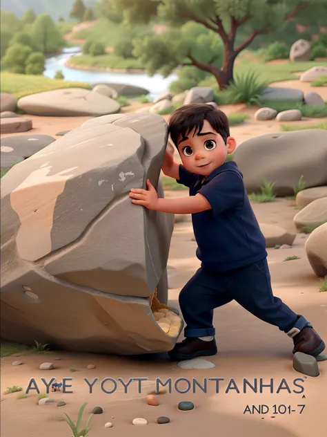 A 2-year-old boy trying to push a rock in the middle of nature.