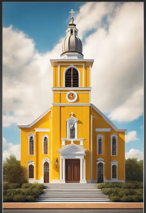 Pixar 3D style drawing of a yellow and white church with a clock tower and a sky background, Directed by: Felipe Seade, Malika Favre, São Paulo, igreja, imaculadamente detalhado, catedral da igreja, muito ornamentado, Directed by: CeFerí Olivé, Beautiful i...