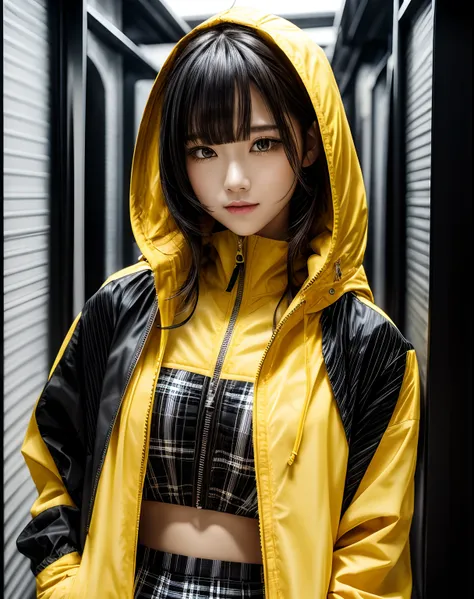 BREAK (yellow theme:1.4), (oversized and baggy yellow outerwear:1.3), (fusion of yellow windbreaker and yellow hoodie:1.4), (yellow Nylon:1.4), ((zipper, large pocket):1.3), BREAK (black and white plaid-pattern pleated-skirt:1.2), (black platform HIGH boot...