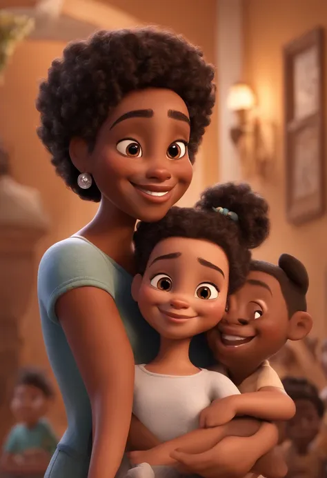 A Disney Pixar-inspired movie poster featuring a black woman with medium curly hair, olhos castanhos, A black man with a low beard and goatee, shaved hair, wide smile, hugging woman, A light black child with curly hair below the shoulder 13-year-old teenag...