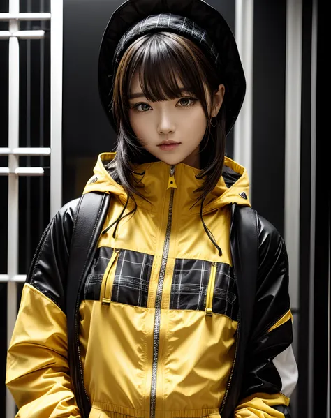 BREAK (yellow theme:1.4), (oversized and baggy yellow outerwear:1.3), (fusion of yellow windbreaker and yellow hoodie:1.4), (yellow Nylon:1.4), ((zipper, large pocket):1.3), BREAK (black and white plaid-pattern pleated-skirt:1.2), (black platform HIGH boot...