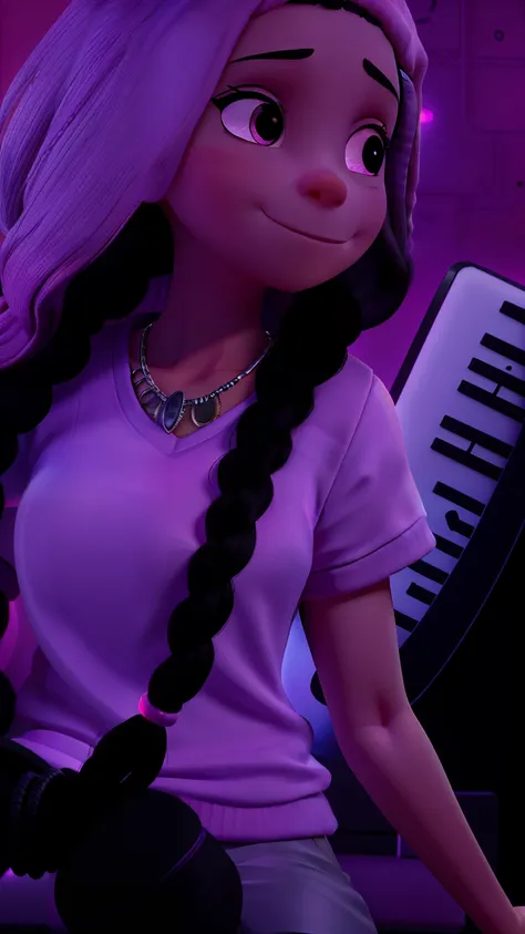 woman with two long braid black curly hair With a pink beanie on her head. Black eyes, fleshy mouth. sitting in front of a keyboard, with neon lights, close up half body shot, a silver necklace With a pendant reading "GIIH", she is dressing a pink top and ...