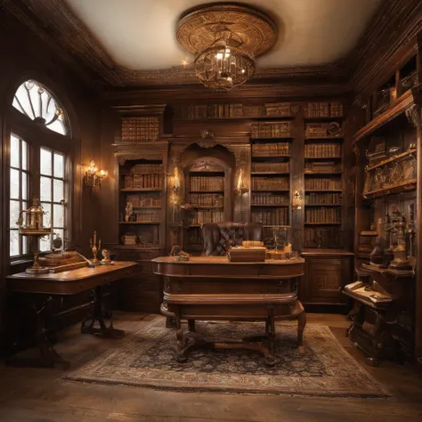 A lovely study room，There was a cup of coffee on the table，There are a lot of decorations, Pictures and books，There is also an open window，You can enjoy the night view under the starry sky，There are no characters in the room，The bookshelves are gorgeous，Su...