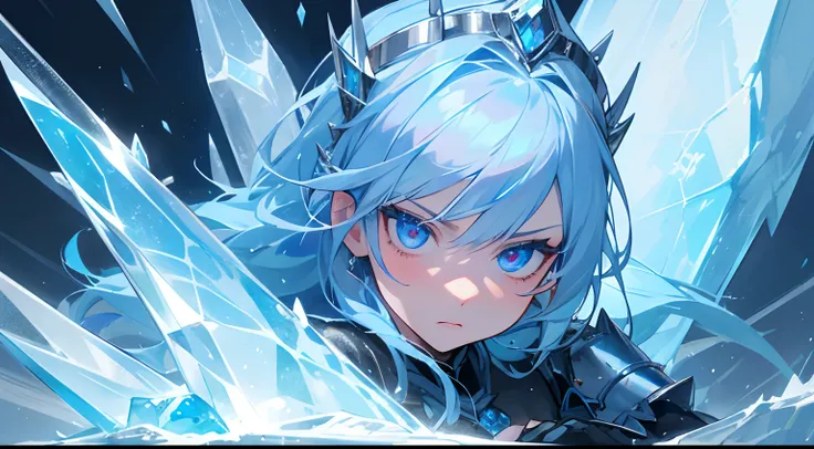 blue rose girl, frozen rose, rose on hair, hair accessories, medium armor, blue hair, hd, ultra quality, serious face, detailed eyes, ice, lots of ice, ice spikes, surrounded by ice, covered by ice, frozen, spikes, ice magic, winter, frozen environment, ic...