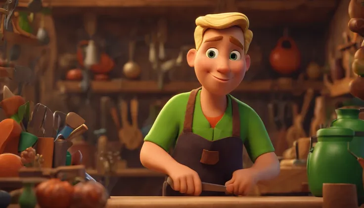 masterpiece, best quality, "create a Disney pixar cartoon style 3d image". Man, 30s, blonde, short hair, green eyes, smiling, fat, dressed in casual clothes and apron, in a craft workshop with carving tools on the walls, carving a colorful African sculptur...