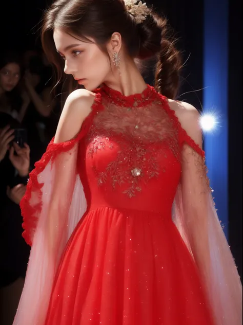 Close-up of a glass jar，Inside there was a colorful galactic catwalk，A Japanese girl shows off her most beautiful catwalk at the Milan Haute Couture show in Italy，International superstar model show, Psychedelic stage，Ethereal atmosphere, Delicate makeup fo...