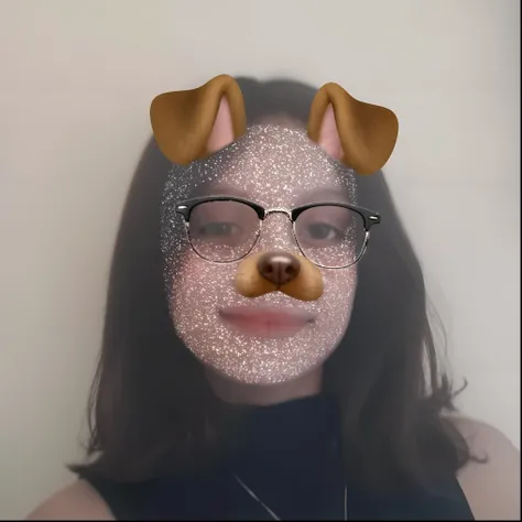 Theres a woman with glasses and a fake dog face, filtro do instagram, morphing dog head, Rosto com ArtGram, Com filtros do Instagram, AI Autorretrato, fotorrealista granulado, face fotorrealista, cara de pug, foto realisitc, ar glasses, detailed unblurred ...