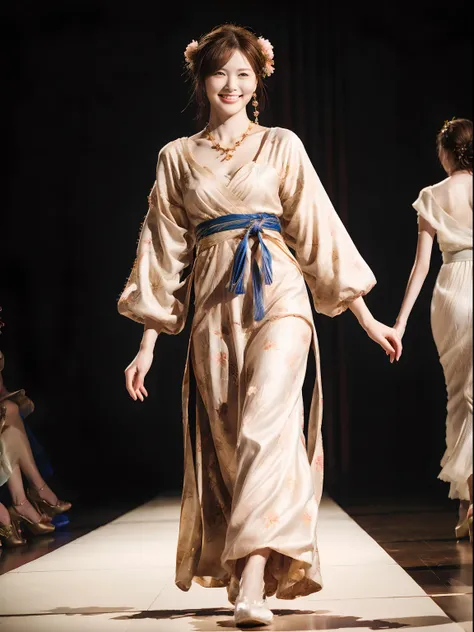 Beautiful model walking on the catwalk，Perform modeling steps。Wear a Ming Dynasty Hanfu dress，Rose long dress，Princess dress，Gorgeous vintage court style dress，Long skirt，maxiskirt，Large hem，The hem of the long skirt is close to the floor，The style is a Ha...