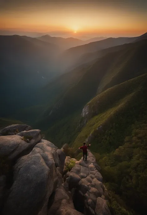 Man standing on a rock with his arms outstretched in the air, no topo de uma montanha, no topo de uma montanha, em frente a uma montanha, Standing on top of a mountain, no topo de uma montanha, com montanhas ao fundo, standing on mountain, Epic mountains i...