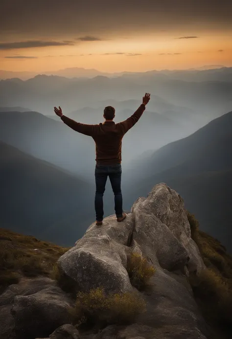 Man standing on a rock with his arms outstretched in the air, no topo de uma montanha, no topo de uma montanha, em frente a uma montanha, Standing on top of a mountain, no topo de uma montanha, com montanhas ao fundo, standing on mountain, Epic mountains i...