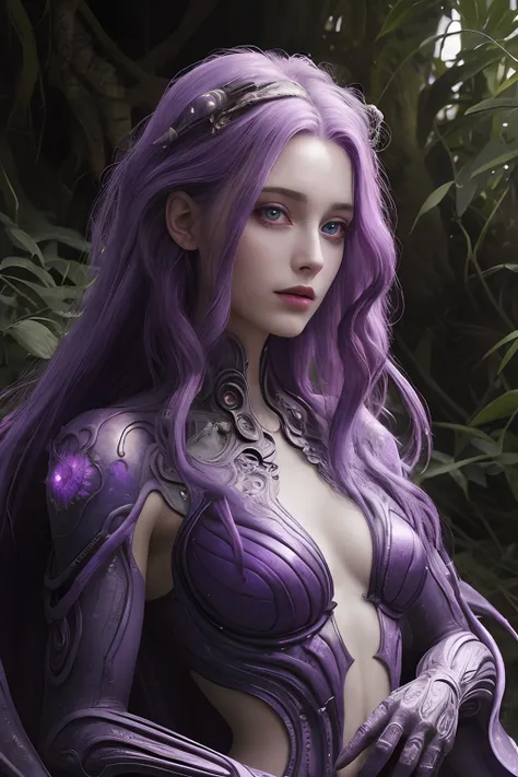 Realistic, photorealistic, Masterpiece, RAW photo, full length portrait, Beautiful alien woman with a lot of purple hair, on a far fantastic planet, cosmic landscape, cute sexy, highly detailed, sci-fi aesthetic, fantasy aura, unearthly vegetation, hdr, in...