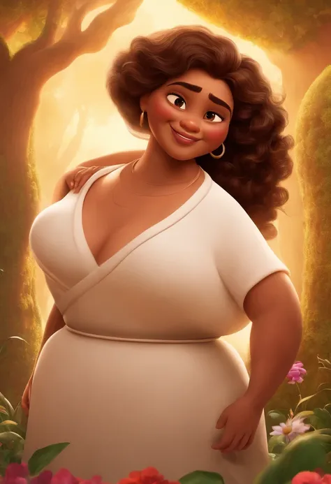 A Disney Pixar-inspired movie poster featuring an overweight brown woman with medium curly hair, olhos castanhos, Um homem branco cabelo castanho, sorriso largo com uma falha no meio dos dentes, Hugging the woman, A cena deve ser no estilo de arte digital ...