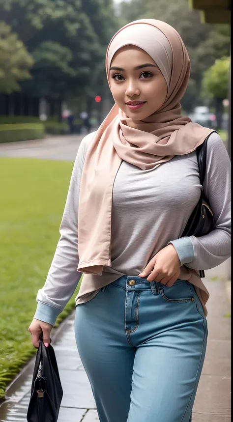 RAW, Best quality, high resolution, masterpiece: 1.3), beautiful Malay woman in hijab (iu:0.8),Best quality, high resolution, Masterpiece: 1.3, Beautiful  hijabi malay girl, Masterpiece, Soft smile,Beautiful Malay women wear pastel color hijab walking in r...