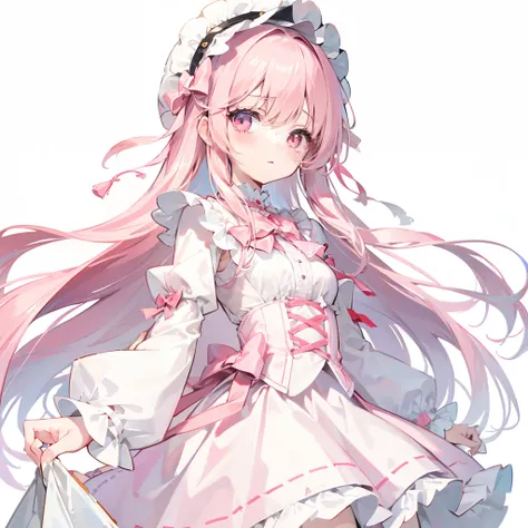 Light pink，Very smooth hair，Dressed in white and pale pink lolita,、，Looks light，Milky crying，Very cute，calm temperament，Shes a pretty girl、A cut that shows the inside of the skirt