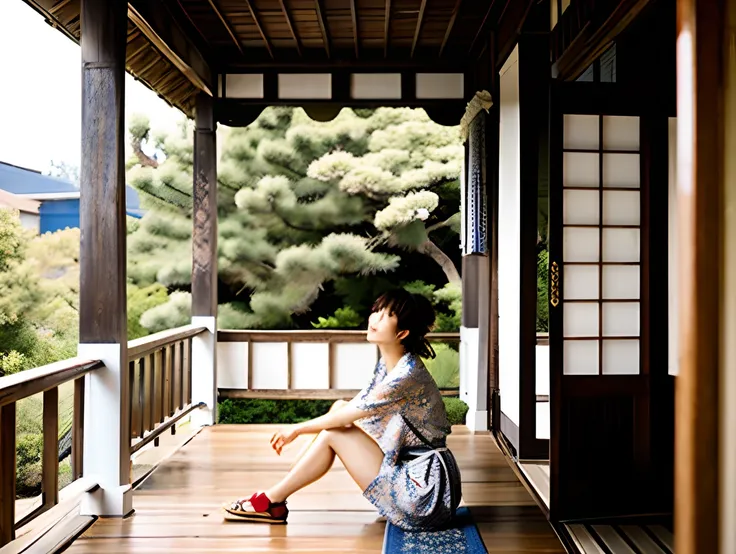 Young Japan woman wearing yukata cooling off on the veranda of an old house　a picture