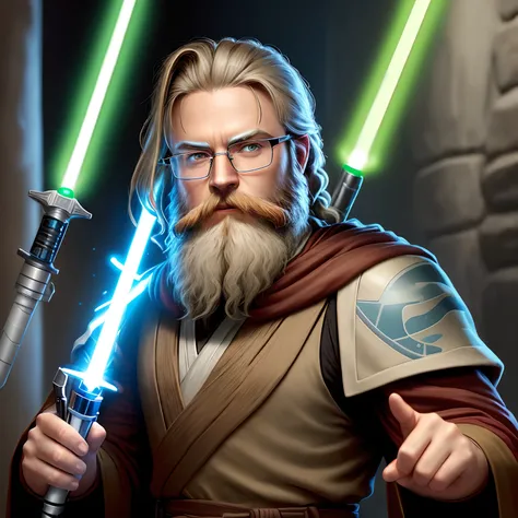 Master Jedi beard glasses, Padawan young, lightsaber, fight stormtropper