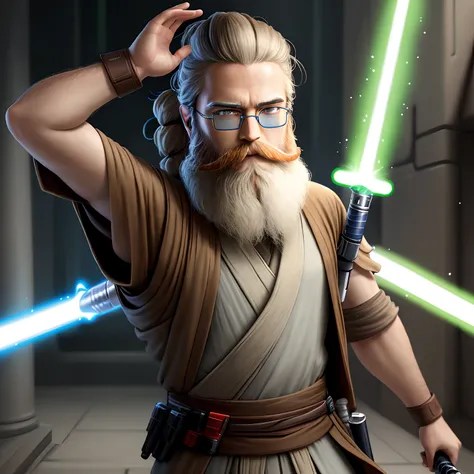 Master Jedi beard glasses, Padawan young, lightsaber, fight stormtropper