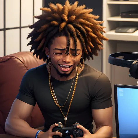 A black guy with a afro hair crying with a video game in the hands, and another guy with a rastafari hair laughing on his side