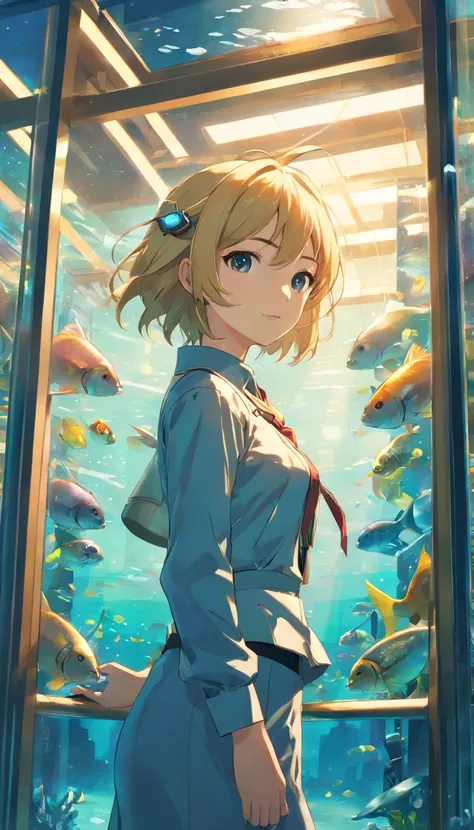 Dynamic Angle, ((Full Body Pose:1.5), (multiple face:1.2), (Highly detailed wallpapers of 16k CG units:1.1), (Noise suppression: 1.45), (tmasterpiece:1.37), ((offcial art)), Portrait of a blonde woman in an aquarium, In the style of retro-futuristic cinema...