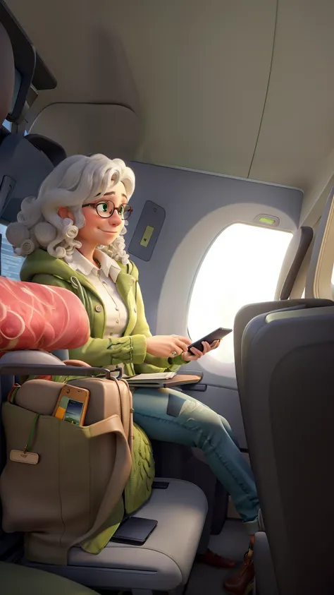 Masterpiece, of the best quality, a woman with glasses, curly white hair, wearing a green coat, jeans, looking on a cell phone, on an airplane, on the next seat there are bags