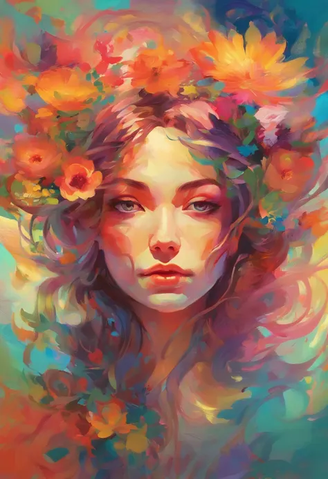 a painting of a woman with flowers in her hair, artwork in the style of guweiz, bright psychedelic colors, featured on 9 9 designs, she is the center of the garden, female face features, connectedness, detailed dress and face, amid nature