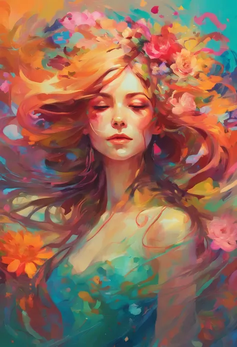 a painting of a woman with flowers in her hair, artwork in the style of guweiz, bright psychedelic colors, featured on 9 9 designs, she is the center of the garden, female face features, connectedness, detailed dress and face, amid nature