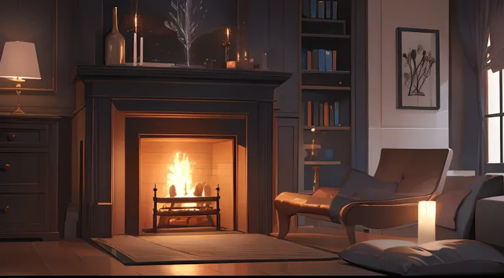 ( 1 night ) interior with fireplace winter illustration living top quality graphic dark interior dark color bookcase night indoors