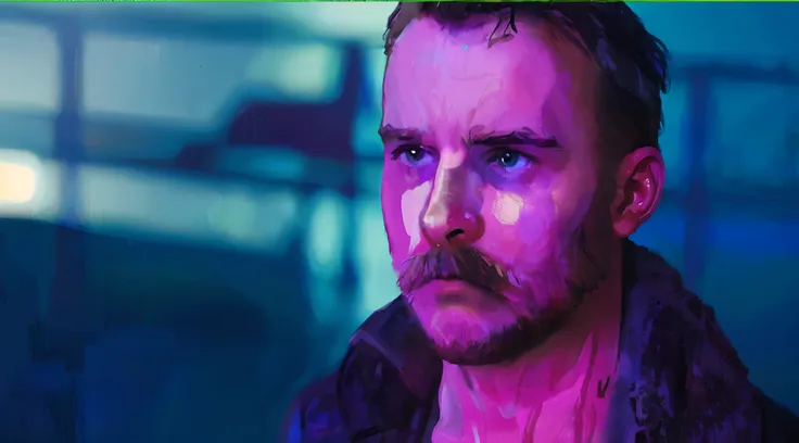 Man with mustache and beard in a dark room, Blade Runner 2049 Colored Lighting, 8 0 s neon still from the movie, In the movie Blade Runner 2049, From the movie "Blade Runner 2049" (2017), Blade Runner 2049 colors, Blade Runner 2049 Style