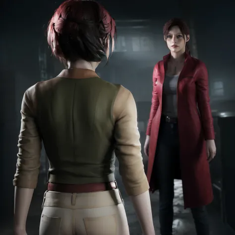 Best quality, ((Claire redfield from resident evil)), long red hair, black jeans, beautiful face, red long coat,little smile expression