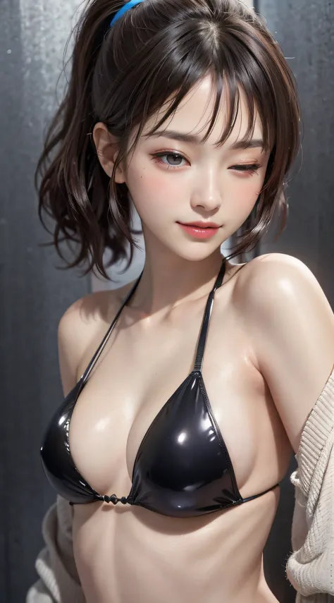 neon street at night, 1girl:1.3, 25 years old, slim body, perfect body, (medium breasts), thin thighs, (one eye closed, wink):1.3, BREAK, woman wearing(black glossy metallic micro-bikini):1.3, show cleavage, dark-brown hair, high-ponytail, BREAK, (Natural ...