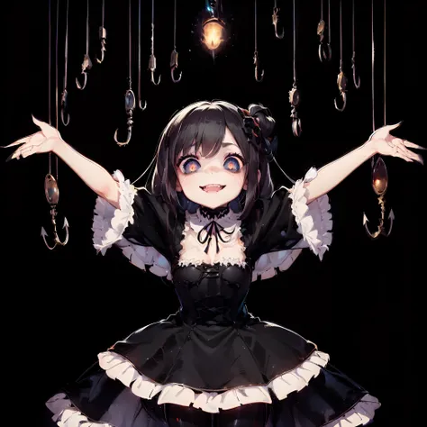 Girl with open arms. she is wearing a black dress. She has white ruffles. Tenacles with claws hanging from the ceiling. Spider legs. Eyes open. Shining eyes. She grins. Dark background.