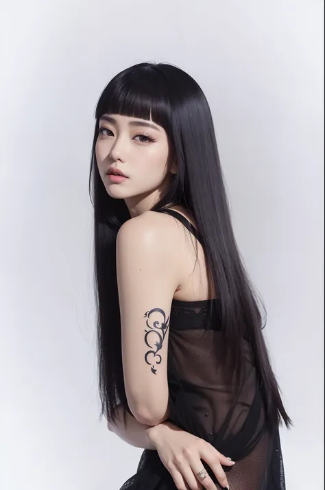 a close up of a woman with a tattoo on her arm, Ela tem cabelo preto com franja, cabelo blackbangs cabelo, dilraba dilmurat, Gongbi, Retrato de Jossi de Blackpink, de menina taiwanesa com tatuagens, cabelo preto longo com franja, Portrait of female Korean ...