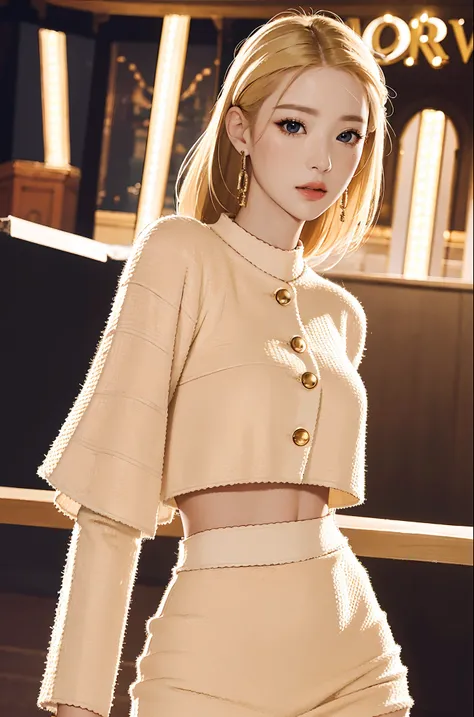 sfw, highest quality, best textures, 8k resolution, a fashion show with a pretty blonde woman wearing a trendy couture outfit, European and Korean descent, captured in a captivating low-angle shot, jewelry, fashion