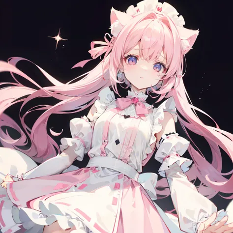 Light pink，Very smooth hair，Dressed in white and pale pink maid outfit,、，Looks light，Milky crying，Very cute，calm temperament，Shes a pretty girl、Big cat ears on the head、A cut that reveals the inside of the skirt