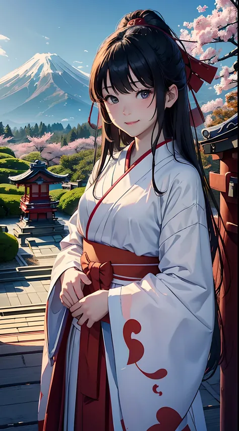 (Japan Beauty、shrine maiden、17 age、Beautuful Women:1.5、cute little、spotless)、(Mountains、cloudiness、disturbing atmosphere)、(Write、a smile、Slightly red cheeks)、shrines