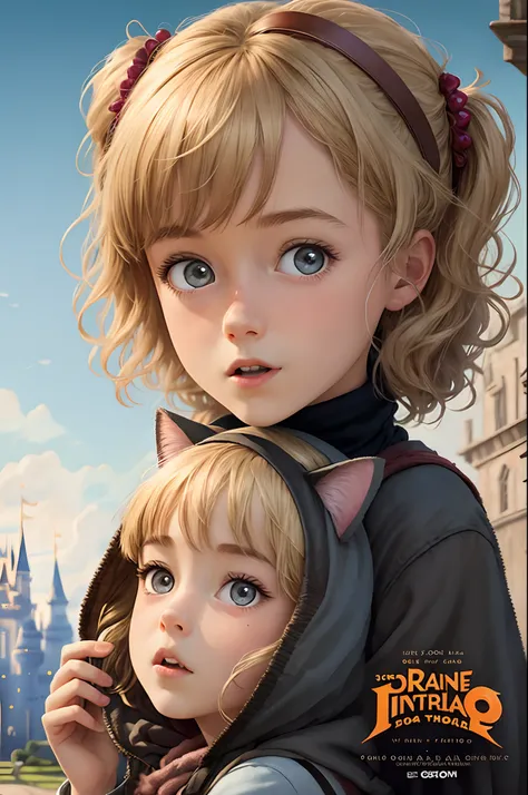 Affiche de film Disney pixar, avec une petite fille blonde qui a des couettes et pour compagnon un petit chat gris et poilu