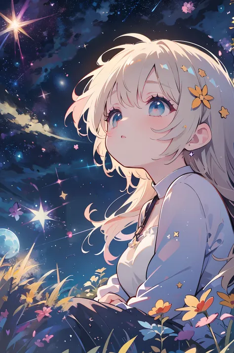 scene of cute girl character lying on a grassy hill,delicate makeup,looking up at the starry sky.,shining stars々flowing,surround...