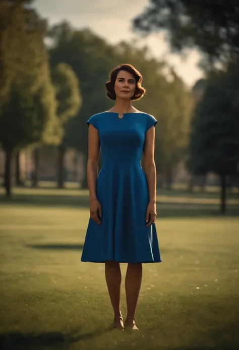 Obra-prima, de melhor qualidade, a woman with a bronw and short hair, wearing a blu dress. Standing in the park. Style pixar movie